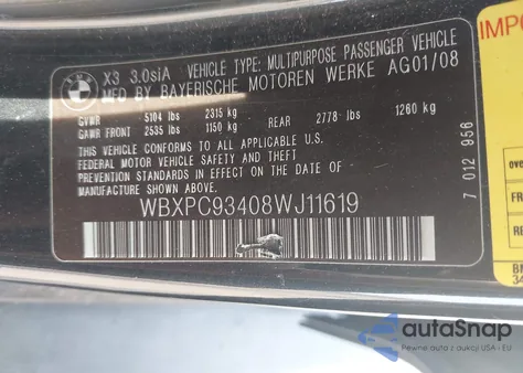 2008 BMW X3 3.0Si from USA, damaged, VIN WBXPC93408WJ11619